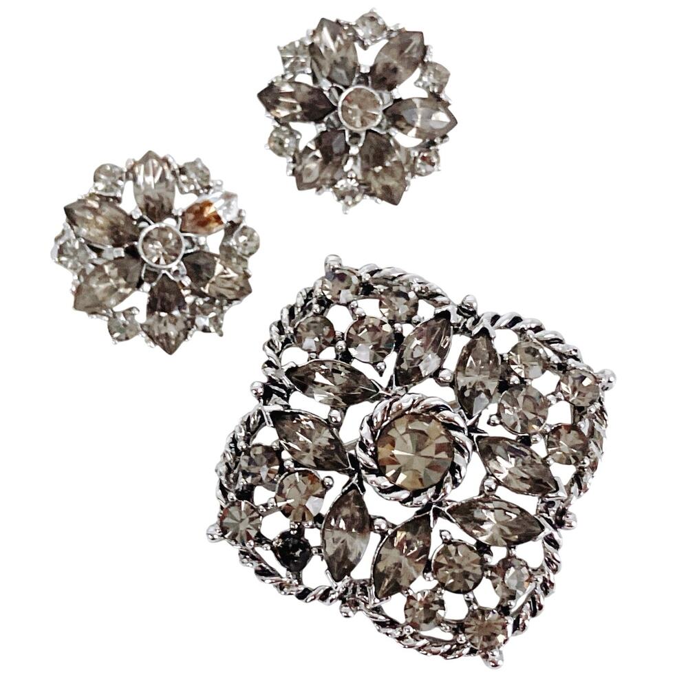 Signed Weiss Rhinestone Brooch Earring Matching Parure Set 50s Silver Tone READ